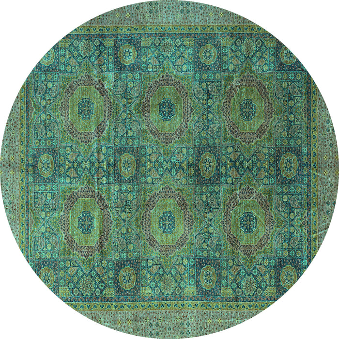 Round Machine Washable Oriental Turquoise Modern Area Rugs, wshabs4139turq