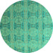 Round Machine Washable Oriental Turquoise Modern Area Rugs, wshabs4142turq