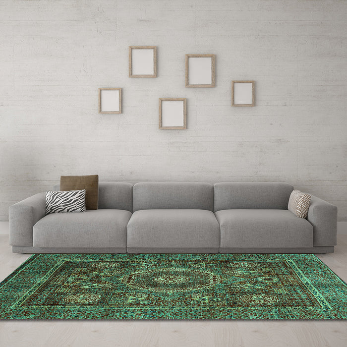 Machine Washable Oriental Turquoise Modern Area Rugs in a Living Room,, wshabs4145turq