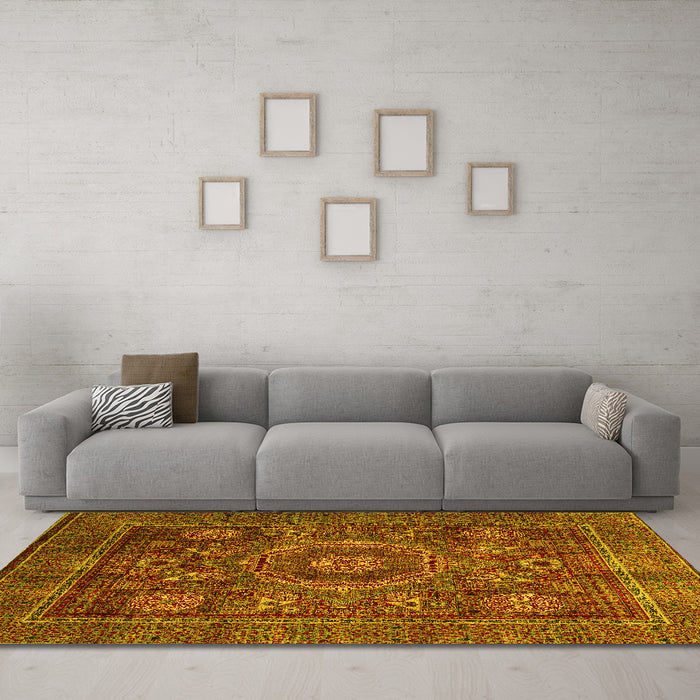 Machine Washable Oriental Yellow Modern Rug in a Living Room, wshabs4145yw
