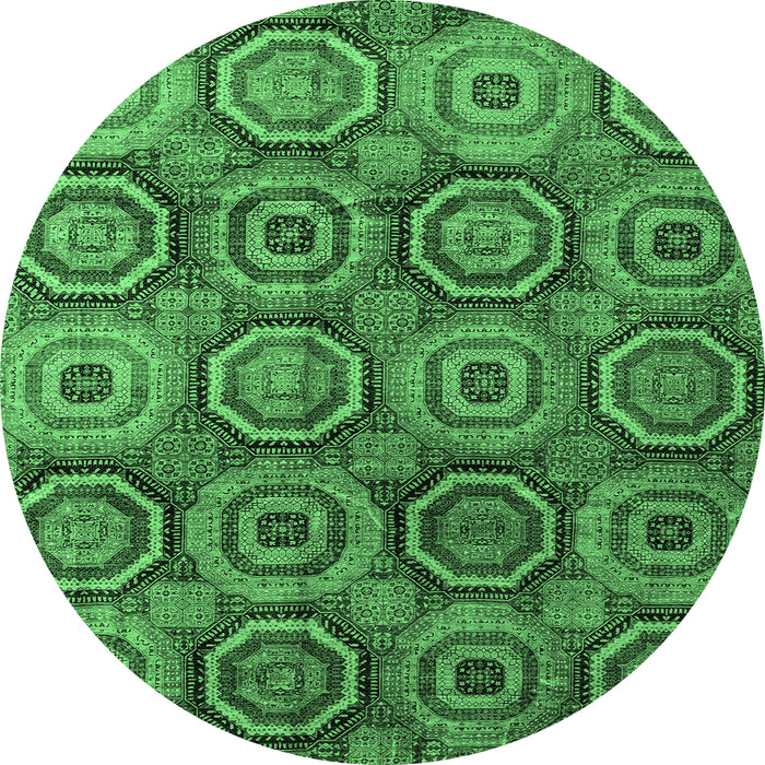 Round Machine Washable Abstract Emerald Green Modern Area Rugs, wshabs4147emgrn