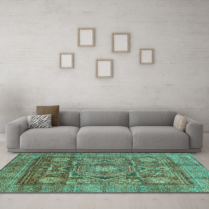 Machine Washable Abstract Turquoise Modern Area Rugs in a Living Room,, wshabs4149turq