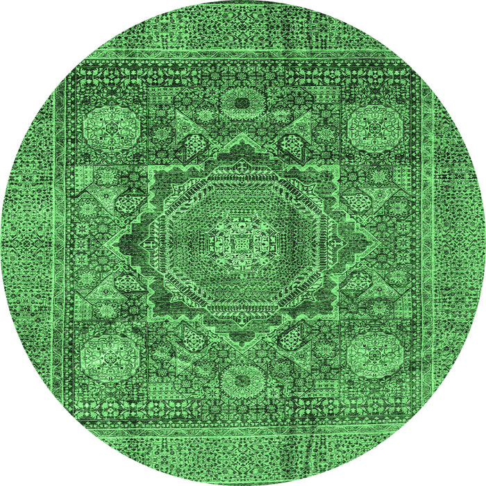 Round Machine Washable Abstract Emerald Green Modern Area Rugs, wshabs4149emgrn
