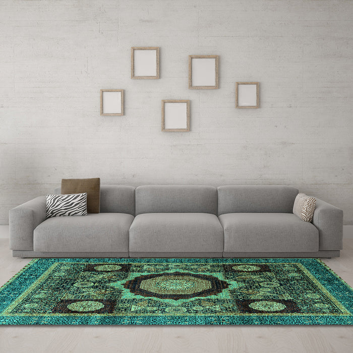 Machine Washable Abstract Turquoise Modern Area Rugs in a Living Room,, wshabs4150turq