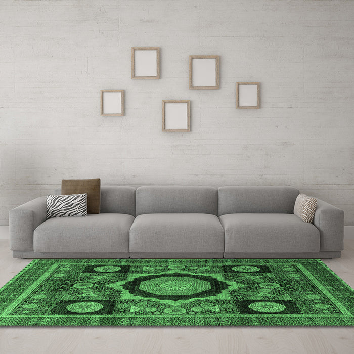 Machine Washable Abstract Emerald Green Modern Area Rugs in a Living Room,, wshabs4150emgrn