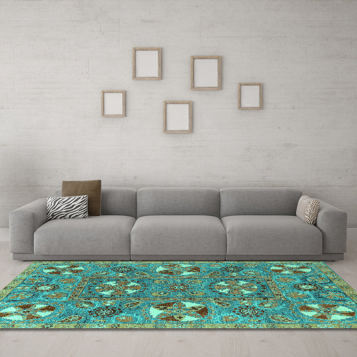 Machine Washable Abstract Turquoise Modern Area Rugs in a Living Room,, wshabs4151turq