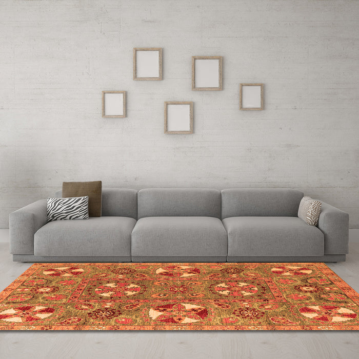 Machine Washable Abstract Orange Modern Area Rugs in a Living Room, wshabs4151org