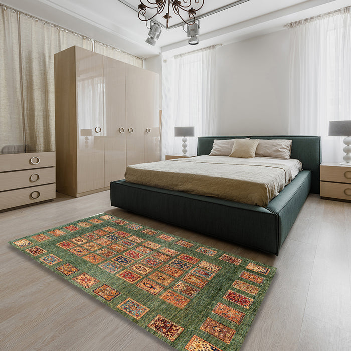 Abstract Copper Green Modern Rug in a Bedroom, abs4154