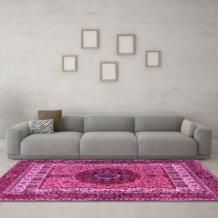 Machine Washable Abstract Pink Modern Rug in a Living Room, wshabs4155pnk