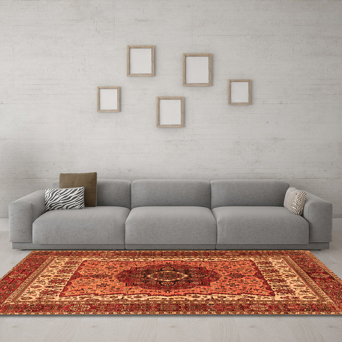 Machine Washable Abstract Orange Modern Area Rugs in a Living Room, wshabs4155org