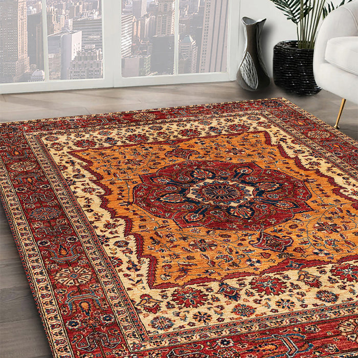 Abstract Saffron Red Modern Rug in Family Room, abs4155