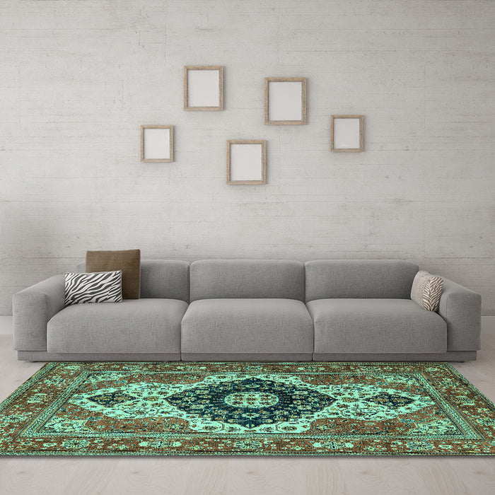 Machine Washable Persian Turquoise Traditional Area Rugs in a Living Room,, wshabs4158turq