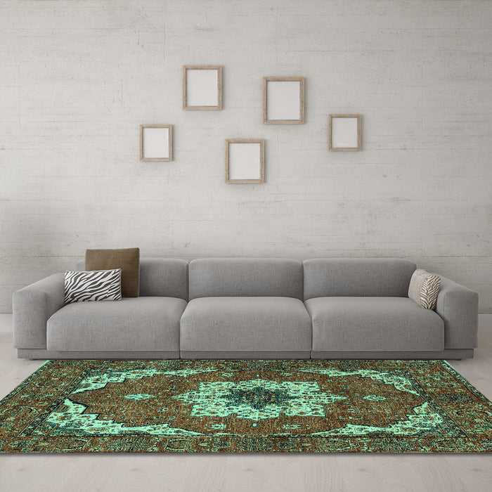 Machine Washable Persian Turquoise Traditional Area Rugs in a Living Room,, wshabs4159turq