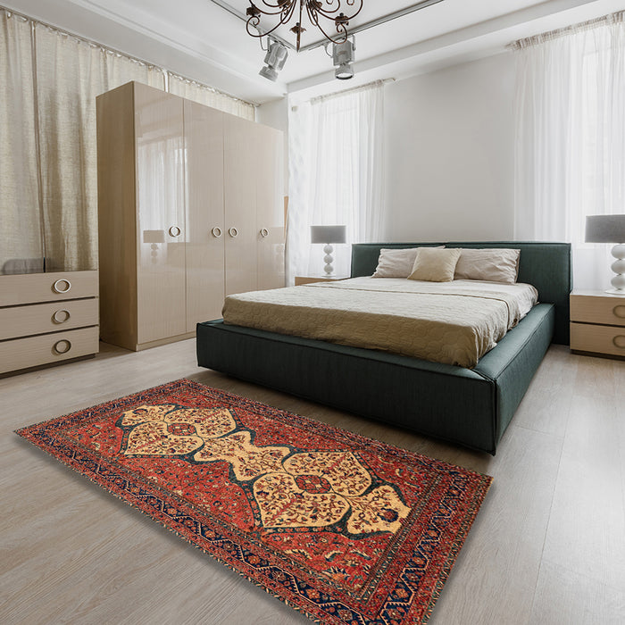 Machine Washable Abstract Saffron Red Rug in a Bedroom, wshabs4163