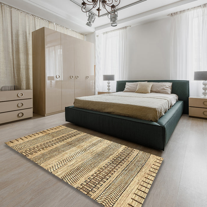 Abstract Brown Gold Modern Rug in a Bedroom, abs416