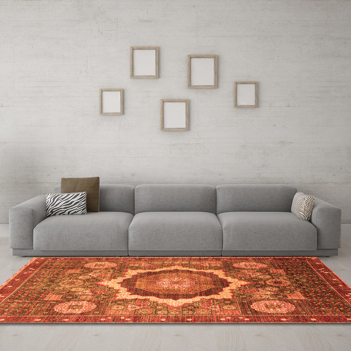 Machine Washable Abstract Orange Modern Area Rugs in a Living Room, wshabs4170org