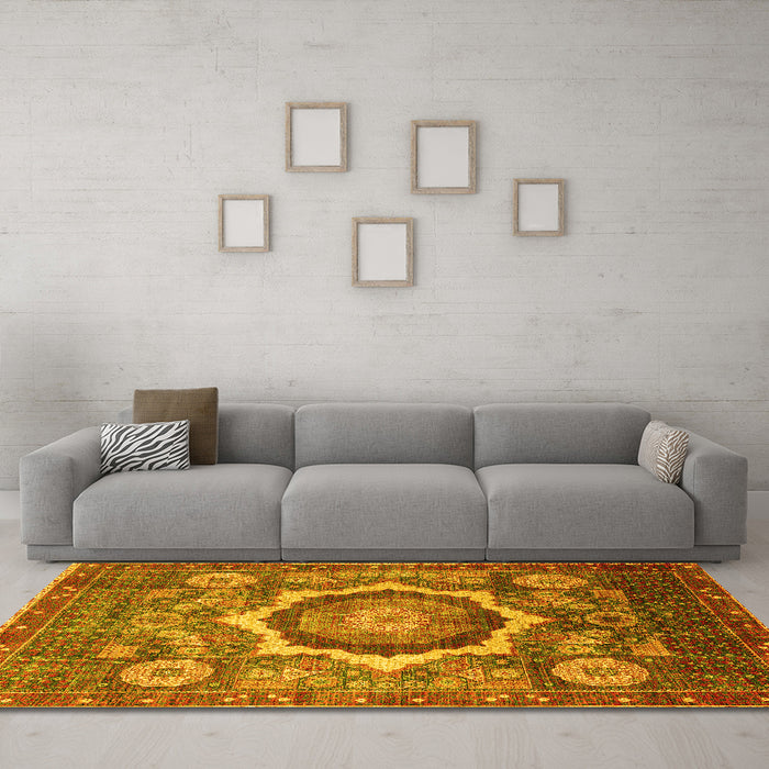 Machine Washable Abstract Yellow Modern Rug in a Living Room, wshabs4170yw