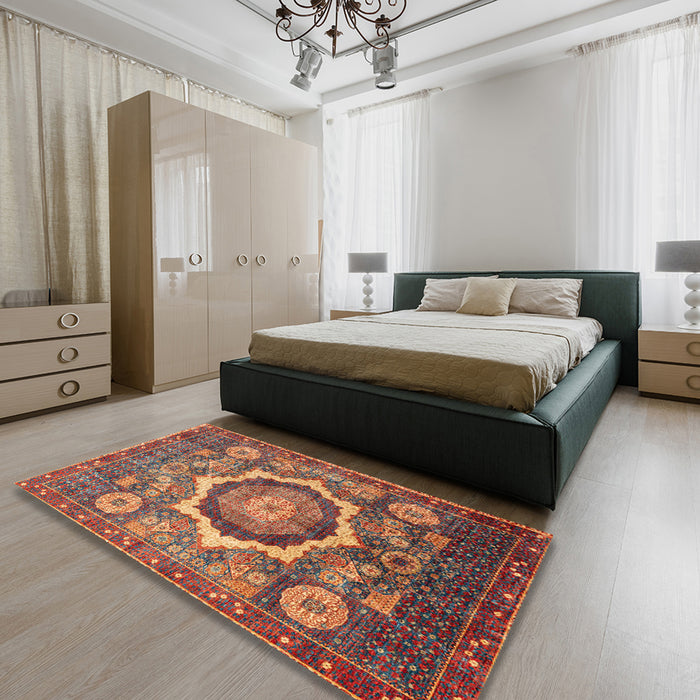 Machine Washable Abstract Dark Almond Brown Rug in a Bedroom, wshabs4170