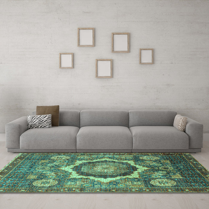 Machine Washable Abstract Turquoise Modern Area Rugs in a Living Room,, wshabs4170turq