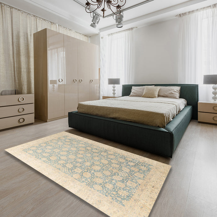 Abstract Sand Brown Oriental Rug in a Bedroom, abs4172