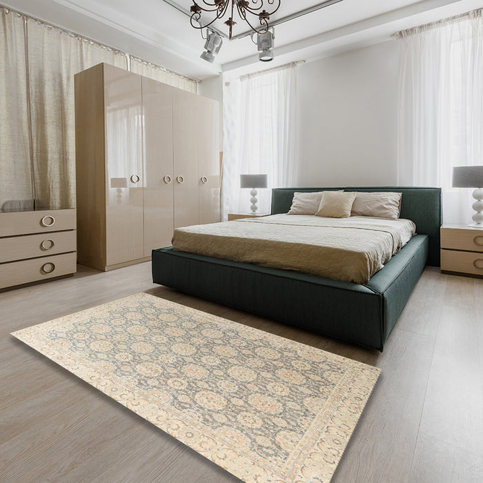 Abstract Desert Sand Beige Modern Rug in a Bedroom, abs4174