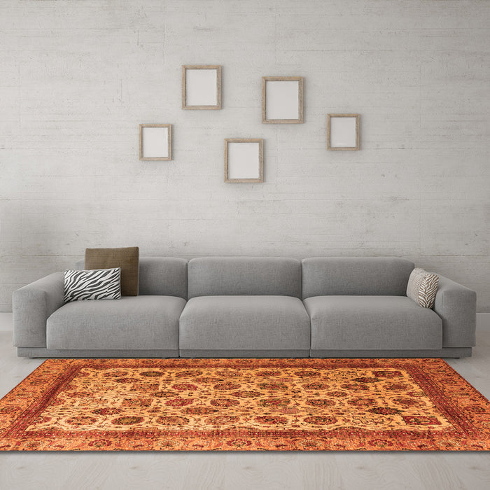 Machine Washable Abstract Orange Modern Area Rugs in a Living Room, wshabs4177org