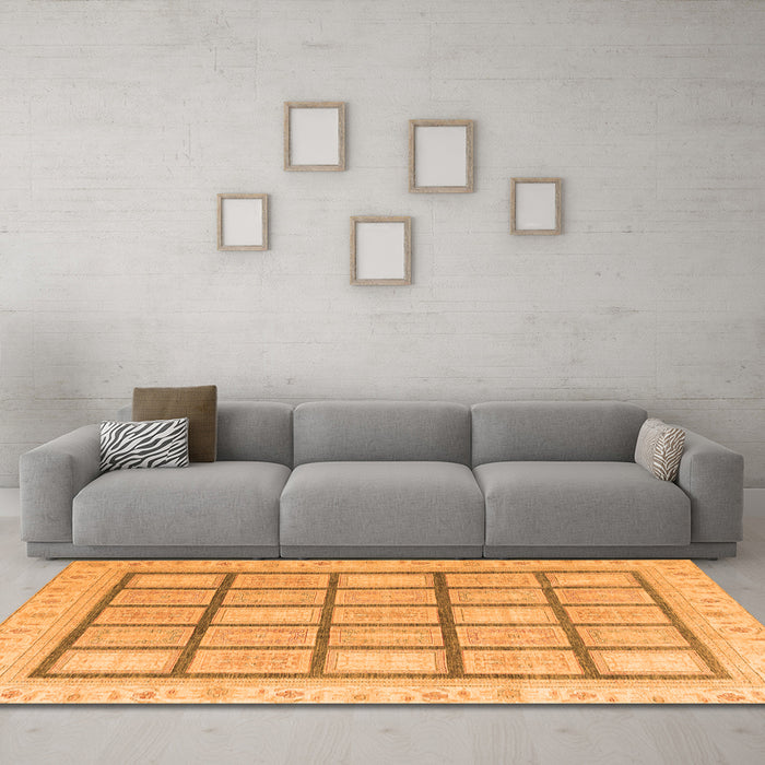 Machine Washable Abstract Orange Modern Area Rugs in a Living Room, wshabs4179org