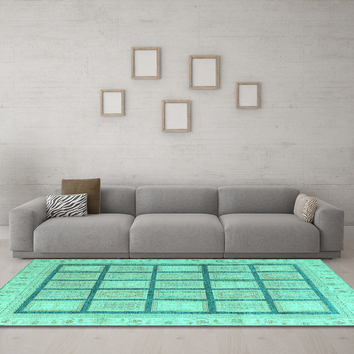 Machine Washable Abstract Turquoise Modern Area Rugs in a Living Room,, wshabs4179turq