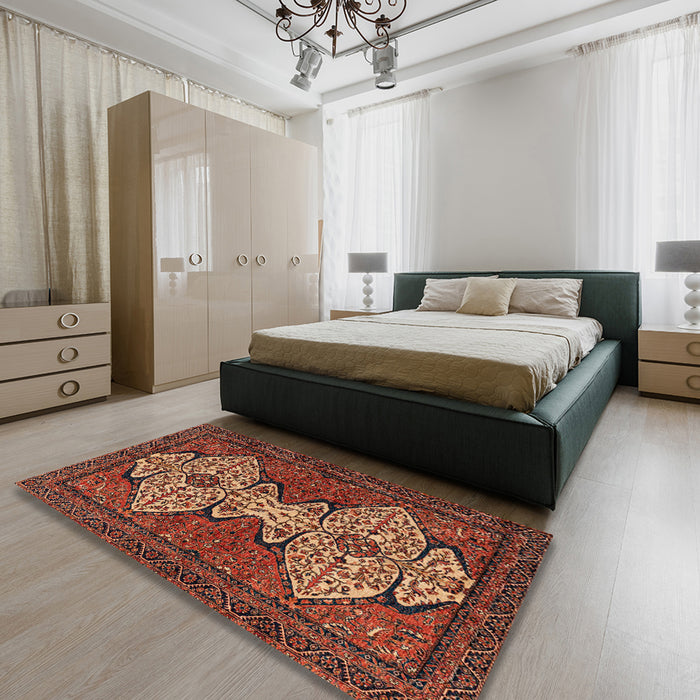 Machine Washable Abstract Saffron Red Rug in a Bedroom, wshabs4183