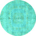 Round Machine Washable Abstract Turquoise Modern Area Rugs, wshabs4187turq