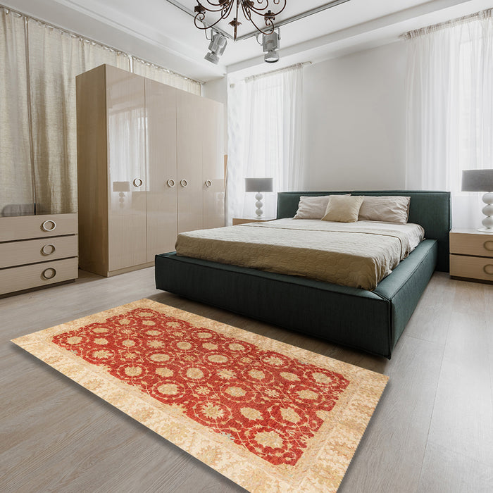 Abstract Orange Red Oriental Rug in a Bedroom, abs4190