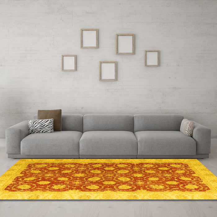 Machine Washable Oriental Yellow Modern Rug in a Living Room, wshabs4190yw
