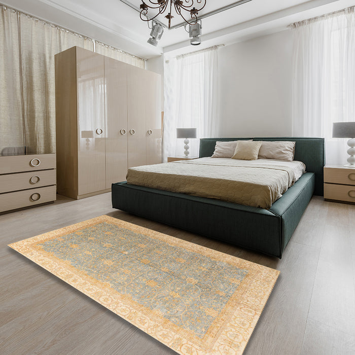 Abstract Yellow Oriental Rug in a Bedroom, abs4191