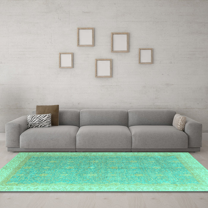 Machine Washable Oriental Turquoise Modern Area Rugs in a Living Room,, wshabs4191turq