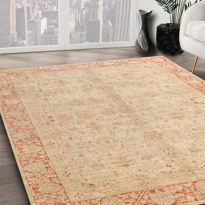 Abstract Brown Gold Oriental Rug in Family Room, abs4193