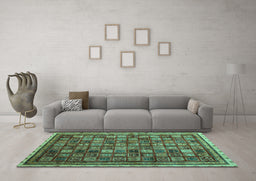 Machine Washable Oriental Turquoise Modern Area Rugs in a Living Room,, wshabs4194turq