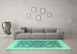 Machine Washable Oriental Turquoise Modern Area Rugs in a Living Room,, wshabs4195turq