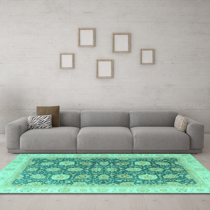 Machine Washable Oriental Turquoise Modern Area Rugs in a Living Room,, wshabs4195turq