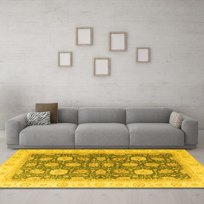 Machine Washable Oriental Yellow Modern Rug in a Living Room, wshabs4195yw
