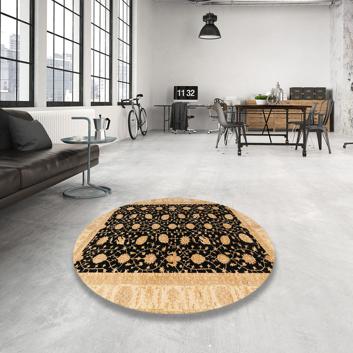 Round Abstract Bakers Brown Oriental Rug in a Office, abs4197
