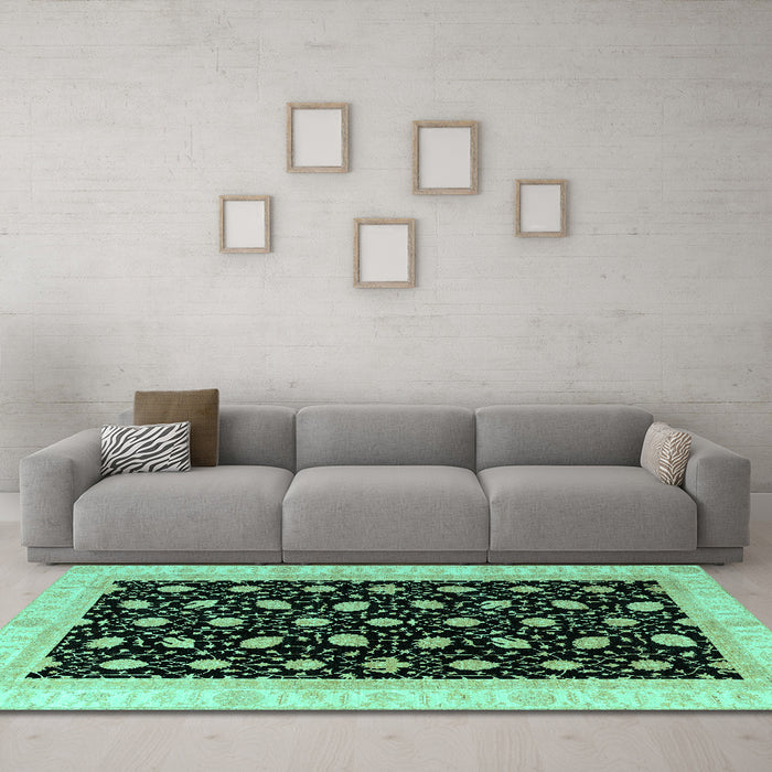 Machine Washable Oriental Turquoise Modern Area Rugs in a Living Room,, wshabs4197turq