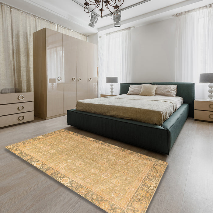 Abstract Orange Gold Oriental Rug in a Bedroom, abs4198