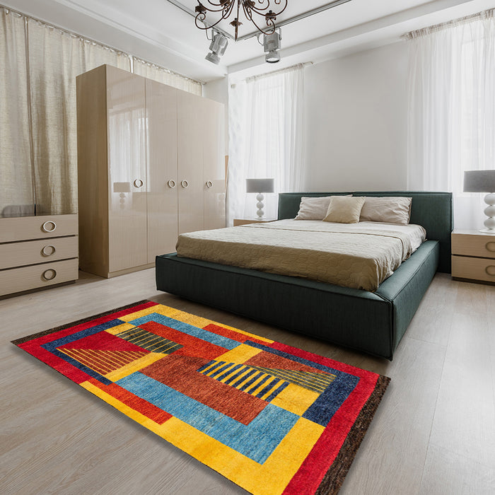 Abstract Dark Almond Brown Oriental Rug in a Bedroom, abs4200