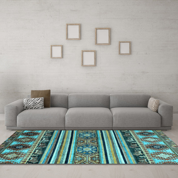 Machine Washable Oriental Light Blue Modern Rug in a Living Room, wshabs4218lblu