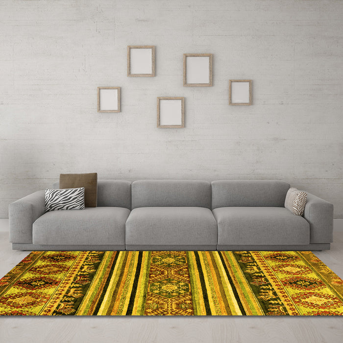 Machine Washable Oriental Yellow Modern Rug in a Living Room, wshabs4218yw