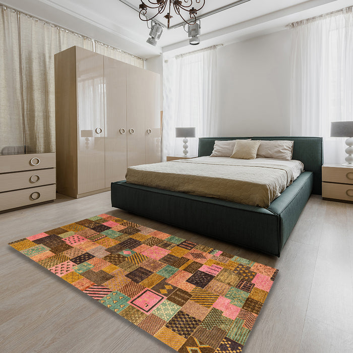 Machine Washable Abstract Dark Sienna Brown Rug in a Bedroom, wshabs4222