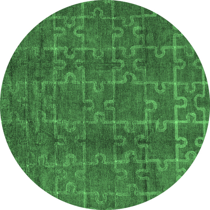 Round Machine Washable Abstract Emerald Green Modern Area Rugs, wshabs4237emgrn