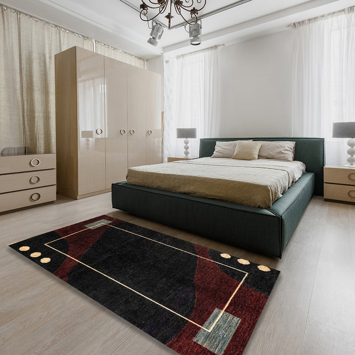 Abstract Burgundy Brown Oriental Rug in a Bedroom, abs4240