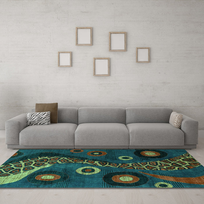 Machine Washable Oriental Turquoise Modern Area Rugs in a Living Room,, wshabs4242turq