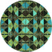 Round Machine Washable Oriental Turquoise Modern Area Rugs, wshabs4248turq